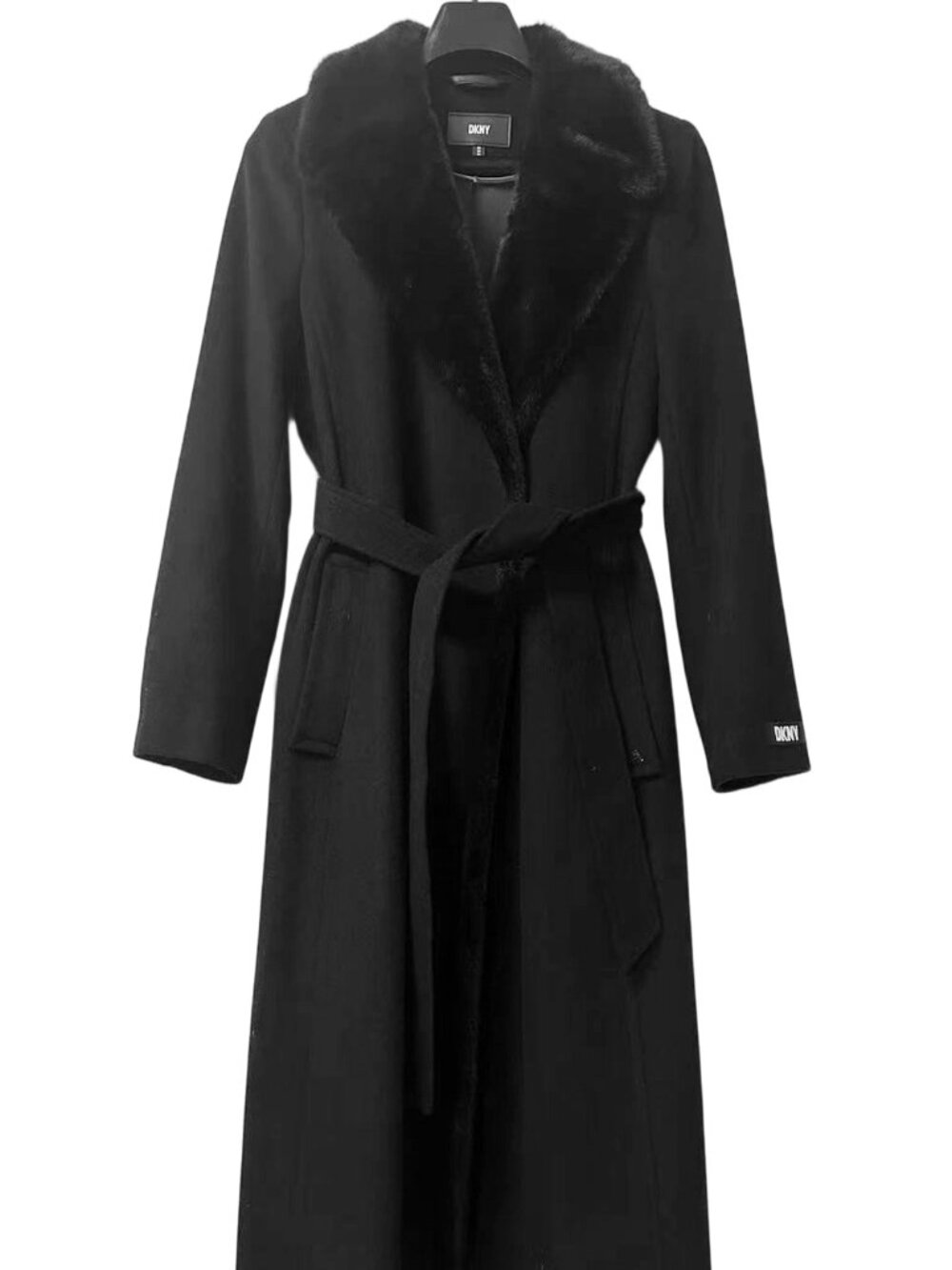 DKNY Black Wool Blend Maxi Coat Faux Fur Collar Belted Size M New Without Tags